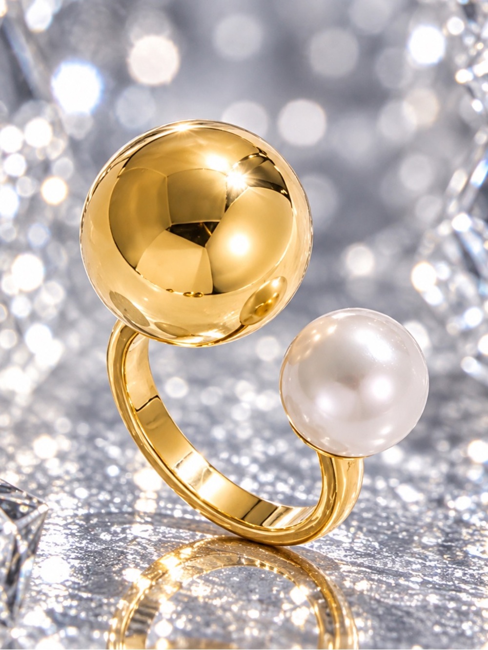 18K Gold Plated Adjustable Pearl Statement Ring | S925 Sterling Silver | Open Ri
